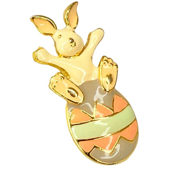 VTG Steinmetz Easter Bunny Egg Brooch Pin 1 5/8" Gold Tone Pastel Enamel Signed - Picture 3 of 10